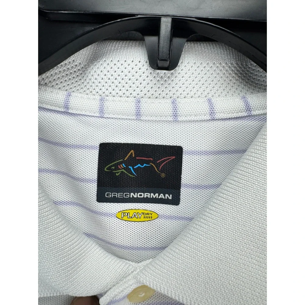 Greg Norman Mens Polo Shirt XL White Purple Striped Baltusrol Golf Play Dry Logo
